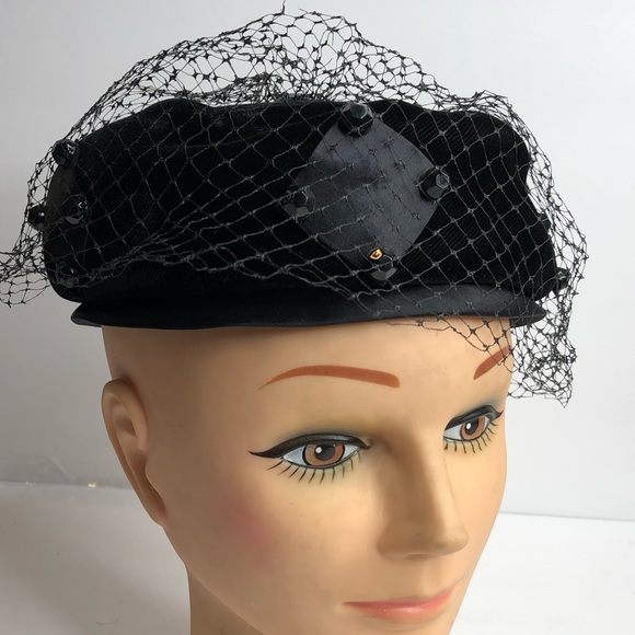 Vintage Retro Jane Morgan Hat Velvet Netting - Picture 1 of 10